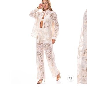 0401. Elegant Lace BLOUSE & ELASTIC WAIST PANTS EMBROIDERY FLORAL 2PC. SET